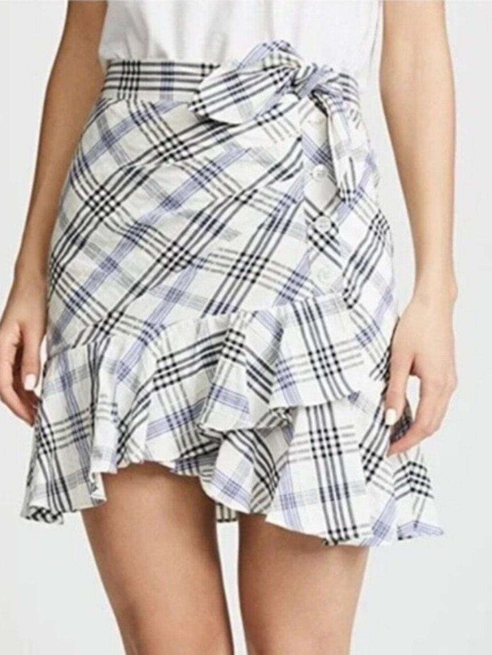 Veronica Beard Kaia Tie Waist Blue White Plaid Ruffle Mini Skirt Size 4
